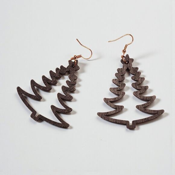 Black Wood Christmas Tree Earrings | Lightweight Holiday Jewelry | 2" x 3.1" - Picture 2 of 5